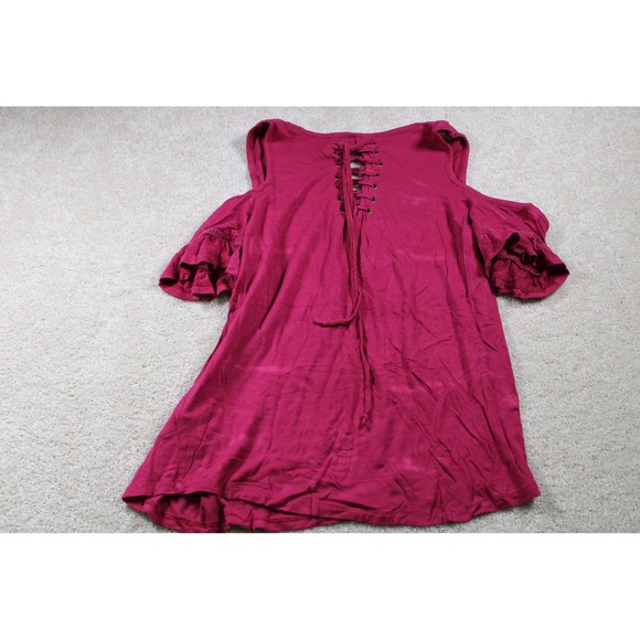 Moral Fiber Shirt Womens‎ Medium Red Cold Shoulder Lace Up Boho Short Sleeve Top - Picture 7 of 8